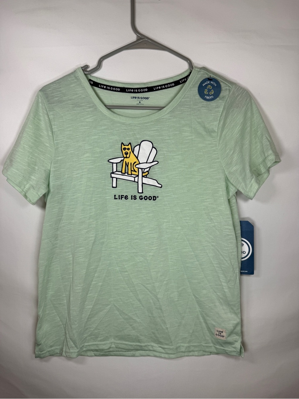 Life is Good Women's Light Green Sleep T-Shirt Sz SMALL Dog in Adirondack Chair